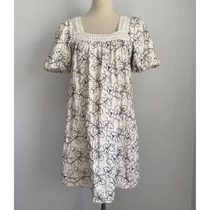 Kindred Women's M Milkmaid Puff‎ Sleeve Dress Ivory Black Embroidered Floral